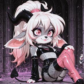 animal_ears artist:azziai black_horns boots character:lizzy_(azziai) demon_horns detached_sleeves fishnet_pantyhose fishnets furry furry_female goat_ears horns long_hair makeup pink_eyes pink_footwear pink_nails ponytail sitting skirt spiked_collar tail thigh_boots thighhighs white_hair // 4096x4096 // 959KB