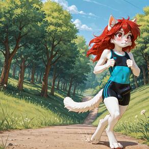 1boy animal_ears artist:azziai blush bulge character:azzi cloud day erection erection_under_clothes full_body furry furry_male grass long_hair male_focus otoko_no_ko outdoors red_eyes red_hair shota sky solo tail tree white_fur // 4096x4096 // 947KB