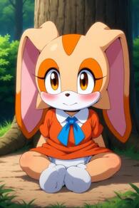 1girl animal_ears artist:furryfunparty blush body_fur brown_eyes character:cream_the_rabbit collared_dress diaper dress female furry furry_female loli looking_at_viewer orange_dress orange_fur outdoors panties petite rabbit_ears rabbit_girl sitting solo tree underwear white_panties // 512x768 // 37KB