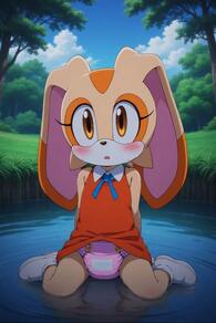 1girl animal_ears animal_nose artist:furryfunparty blue_ribbon blush body_fur character:cream_the_rabbit clothes_lift cloud collared_dress day diaper dress dress_lift female furry furry_female loli looking_at_viewer neck_ribbon orange_dress orange_eyes outdoors panties petite pink_panties rabbit_ears rabbit_girl red_dress ribbon shoes sitting sky sleeveless sleeveless_dress solo underwear water // 512x768 // 36KB