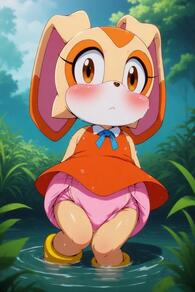 1girl animal_ears artist:furryfunparty blush brown_eyes character:cream_the_rabbit collared_dress diaper dress female furry furry_female loli looking_at_viewer neck_ribbon orange_dress outdoors petite rabbit_ears rabbit_girl red_dress ribbon sky sleeveless sleeveless_dress solo water wet // 512x768 // 39KB