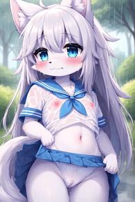 1girl animal_ear_fluff animal_ears artist:furryfunparty blue_eyes blue_sailor_collar blue_skirt blush cameltoe character:yuki clothes_lift female furry furry_female lifted_by_self loli long_hair navel nipples outdoors panties petite pleated_skirt rain sailor_collar school_uniform see-through serafuku shirt short_sleeves skirt skirt_lift solo tail underwear wet wet_clothes wet_shirt white_hair white_panties white_shirt wolf wolf_ears wolf_girl young // 512x768 // 52KB