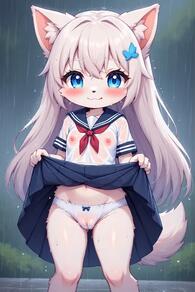 1girl animal_ear_fluff animal_ears artist:furryfunparty blue_eyes blue_skirt blush bow bow_panties breasts cameltoe character:yuki clothes_lift female furry furry_female hair_ornament lifted_by_self loli long_hair looking_at_viewer navel nipples outdoors panties petite pleated_skirt rain school_uniform see-through serafuku shirt short_sleeves skirt skirt_lift small_breasts smile solo tail thighs underwear wet wet_clothes wet_shirt white_panties white_shirt wolf young // 512x768 // 46KB