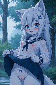 1girl animal_ear_fluff animal_ears artist:furryfunparty blue_eyes blue_skirt blush bow bow_panties breasts cameltoe character:yuki clothes_lift female furry furry_female hair_ornament hairclip lifted_by_self loli long_hair long_sleeves looking_at_viewer miniskirt navel neckerchief nipples open_mouth outdoors panties petite pleated_skirt rain sailor_collar school_uniform see-through serafuku shirt skirt skirt_lift small_breasts solo tail tree underwear wet wet_clothes wet_panties wet_shirt white_fur white_hair white_panties white_shirt wolf wolf_ears wolf_girl wolf_tail young // 512x768 // 44KB