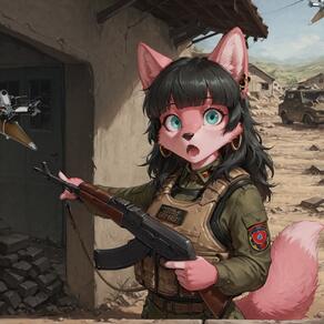 1girl aircraft animal_ears artist:ohlawdhecummin assault_rifle belt black_hair earrings furry furry_female green_jacket gun holding holding_gun holding_weapon hoop_earrings jewelry kalashnikov_rifle long_hair long_sleeves looking_at_viewer military military_uniform open_mouth outdoors rifle solo tail uniform weapon // 1656x1656 // 167KB