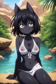 1girl animal_ears animal_nose artist:furryfunparty bikini black_fur black_hair black_skin blush body_fur breasts cat_ears cat_girl closed_mouth collarbone day female furry furry_female looking_at_viewer medium_breasts navel nipples outdoors petite see-through short_hair sitting solo swimsuit water wet white_bikini yellow_eyes young // 512x768 // 44KB
