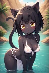 1girl ahoge animal_ears artist:furryfunparty bikini black_fur black_hair blush breasts cat_ears cat_girl cat_tail collarbone female furry furry_female leaning_forward looking_at_viewer medium_breasts nipples outdoors petite see-through short_hair solo swimsuit tail wading water wet white_bikini yellow_eyes young // 512x768 // 43KB