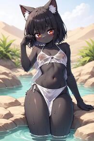 1girl animal_ear_fluff animal_ears artist:furryfunparty black_fur black_hair blush breasts cat_ears cat_girl day female furry furry_female looking_at_viewer navel nipples orange_eyes outdoors petite see-through short_hair small_breasts solo water wet wet_clothes young // 512x768 // 41KB