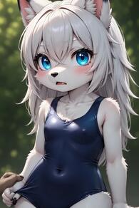 1girl animal_ear_fluff animal_ears artist:furryfunparty blurry character:yuki female hair_intakes loli petite swimsuit white_hair wolf young // 512x768 // 38KB