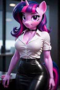 1girl artist:furryfunparty black_skirt breasts character:twilight_sparke(mlpfim) choker cleavage collared_shirt colored_skin furry furry_female horns horse_ears horse_tail looking_at_viewer multicolored_hair my_little_pony office pencil_skirt pink_hair purple_eyes purple_hair shirt single_horn skirt smile solo tail two-tone_hair uniform white_shirt // 512x768 // 31KB