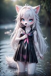 1girl animal_ear_fluff animal_ears artist:furryfunparty black_dress blue_eyes blush character:yuki dress female furry furry_female loli long_hair looking_at_viewer panties petite pink_bikini sailor_collar see-through sleeveless sleeveless_dress smile solo tail underwear wading water wet wet_clothes white_hair wolf young // 512x768 // 44KB