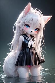 1girl animal_ear_fluff animal_ears artist:furryfunparty black_dress blue_eyes character:yuki dress female furry furry_female loli long_hair panties petite pink_panties short_dress sleeveless sleeveless_dress smile solo swimsuit tail thighs underwear wading water wet white_hair wolf young // 512x768 // 37KB