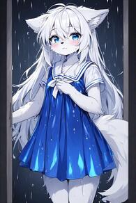 1girl animal_ears artist:furryfunparty blue_dress blue_eyes blush character:yuki dress female furry furry_female loli long_hair looking_at_viewer petite rain sailor_collar short_sleeves solo tail wet wet_clothes white_fur white_hair white_sailor_collar wolf young // 512x768 // 51KB