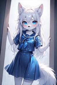 1girl animal_ear_fluff animal_ears animal_nose artist:furryfunparty blue_eyes blue_serafuku blue_shirt blue_skirt blush character:yuki dress female furry furry_female loli long_hair looking_at_viewer neckerchief petite pleated_skirt rain sailor_collar school_uniform serafuku shirt short_sleeves skirt snout solo tail wet wet_clothes white_fur white_hair wolf young // 512x768 // 44KB