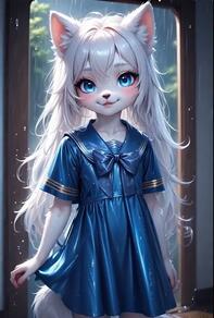 1girl animal_ear_fluff animal_ears artist:furryfunparty blue_bow blue_dress blue_eyes blush bow character:yuki dress female furry furry_female loli long_hair looking_at_viewer petite rain sailor_collar sailor_dress short_sleeves smile solo tail wet white_hair wolf young // 512x759 // 47KB