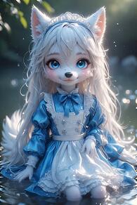 1girl animal_ears animal_nose apron artist:furryfunparty blue_bow blue_bowtie blue_dress blue_eyes blurry body_fur bow bowtie character:yuki closed_mouth dress female frills furry furry_female juliet_sleeves loli long_hair long_sleeves looking_at_viewer maid maid_headdress petite puffy_sleeves sitting smile snout solo tail water wet white_apron white_hair wolf young // 512x768 // 55KB