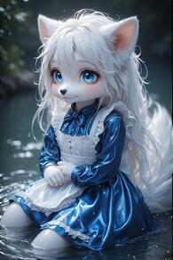 1girl animal_ears animal_nose apron artist:furryfunparty blue_dress blue_eyes bow character:yuki dress female frills furry furry_female loli long_hair long_sleeves looking_at_viewer petite sitting snout solo tail water wet wet_clothes white_apron white_hair wolf young // 512x768 // 52KB