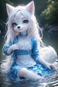 1girl animal_ears animal_nose apron artist:furryfunparty blue_dress blue_eyes body_fur character:yuki dog_girl dress female frilled_dress frills furry furry_female loli long_hair looking_at_viewer partially_submerged petite sitting smile solo tail waist_apron water wet white_apron white_fur white_hair wolf young // 512x768 // 50KB