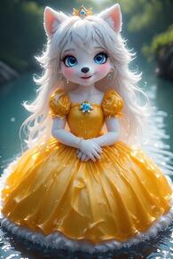 1girl animal_ears artist:furryfunparty blue_eyes blue_gemstone blurry blush character:yuki crown dress earrings female furry furry_female gem jewelry loli long_hair looking_at_viewer petite puffy_short_sleeves puffy_sleeves short_sleeves smile solo water wet white_hair wolf yellow_dress young // 512x768 // 45KB