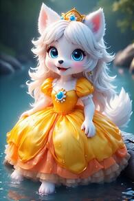 1girl animal_ears artist:furryfunparty barefoot blue_eyes blush character:yuki crown dress earrings female furry furry_female gem jewelry loli long_hair looking_at_viewer open_mouth petite princess puffy_short_sleeves puffy_sleeves short_sleeves smile solo standing tail water wet white_hair wolf yellow_dress young // 512x768 // 44KB