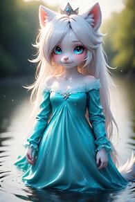 1girl animal_ear_fluff animal_ears animal_nose aqua_dress artist:furryfunparty bare_shoulders blue_dress blue_eyes blush cat_ears character:yuki crown dress female furry furry_female loli long_hair long_sleeves looking_at_viewer off-shoulder_dress off_shoulder petite smile solo standing tail water wet white_hair wolf young // 512x768 // 40KB