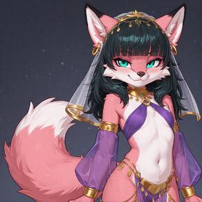 1girl animal_ear_fluff animal_ears animal_nose artist:ohlawdhecummin black_hair body_fur breasts character:pip(ohlawdhecummin) closed_mouth detached_sleeves earrings fox_ears fox_girl fox_tail furry furry_female harem_outfit jewelry long_hair looking_at_viewer navel see-through smile solo tail veil // 1656x1656 // 148KB