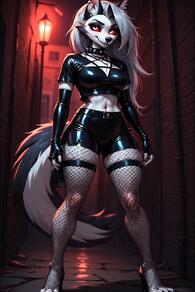 1girl animal_ears artist:furryfunparty black_footwear black_gloves black_shorts breasts character:loona_helluva_boss crop_top female fingerless_gloves fishnets full_body furry furry_female gloves high_heels lamppost latex leather long_hair looking_at_viewer medium_breasts midriff navel outdoors pantyhose red_eyes red_sclera shorts snout solo spikes standing tail wolf_ears wolf_girl wolf_tail // 512x768 // 50KB