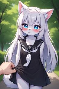 1girl animal_ear_fluff animal_ears arms_behind_back artist:furryfunparty black_dress blue_eyes blush character:yuki clothes_lift dress dress_lift female furry furry_female loli long_hair outdoors panties petite sailor_collar sailor_dress short_dress sleeveless sleeveless_dress solo_focus tail white_hair wolf young // 512x768 // 44KB