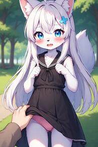 1girl 1other ahoge animal_ear_fluff animal_ears artist:furryfunparty ass_visible_through_thighs blue_eyes blush character:yuki clothes_lift dress dress_lift female furry furry_female hair_ornament lifting_another's_clothes loli long_hair open_mouth outdoors panties petite pink_panties sailor_collar sleeveless sleeveless_dress solo_focus tail tree underwear white_hair wolf young // 512x768 // 46KB