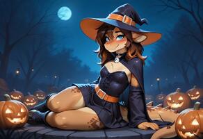 1girl artist:stableheat belt blue_eyes blush breasts brown_hair cape character:tamara(stable_heat) costume detached_sleeves dragon_girl dress full_moon furry furry_female halloween halloweens hat hooves jack-o'-lantern looking_at_viewer moon night oc outdoors pumpkin small_breasts solo tail witch_hat // 1216x832 // 65KB