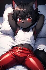 1boy animal_ears artist:furryfunparty black_hair character:ash furry furry_male leather looking_at_viewer lying male male_focus navel on_back pants pillow red_eyes shota solo tail tank_top wolf young // 512x768 // 35KB