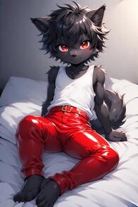 1boy animal_ears artist:furryfunparty barefoot black_hair character:ash furry furry_male leather looking_at_viewer male male_focus on_bed pants red_eyes shota sitting smile solo tail tank_top wolf young // 512x768 // 35KB