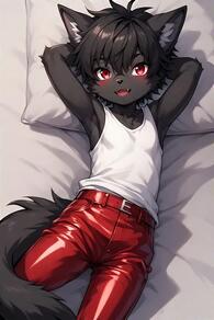 1boy animal_ears artist:furryfunparty black_hair character:ash fangs furry furry_male leather looking_at_viewer lying male male_focus on_back open_mouth pants pillow red_eyes shota smile solo tail tank_top wolf young // 512x768 // 35KB
