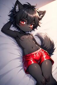 1boy animal_ears artist:furryfunparty black_hair blush boxer_shorts character:ash furry furry_male looking_at_viewer lying male male_focus navel nipples on_back red_eyes red_shorts satin shorts shota solo tail topless_male underwear wolf young // 512x768 // 33KB