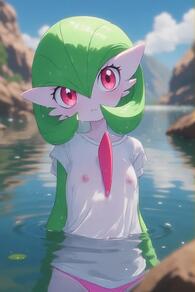 1girl artist:furryfunparty bikini_bottom_only blue_sky blurry blurry_background blush bob_cut breasts character:gardevoir closed_mouth cloud colored_skin day female flat_chest green_hair green_skin hair_between_eyes head_tilt looking_at_viewer nipples outdoors panties partially_submerged pokemon pokemon_(creature) red_eyes see-through see-through_shirt shirt short_hair short_sleeves sky small_breasts solo standing two-tone_skin water wet wet_clothes wet_shirt white_shirt white_skin // 512x768 // 28KB
