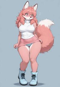 anthro artist:stableheat character:fur_(theterm) clothed full-length_portrait medium_breasts mini_skirt oc panties:white pulling_skirt shammed tight_clothes // 832x1216 // 40KB