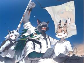 1girl 3boys 4boys animal_ears animal_hands animal_nose arm_up artist:arturo_wolff_(artist) artist_name avali backpack bag bangs baseball_cap black_fur black_hair black_necktie black_pants blood blue_background blue_eyes blue_fur blue_sky blurry blush body_fur border brown_eyes brown_fur carrying character:arturo_wolff character:loona_(helluva_boss) claws clenched_hand clenched_teeth closed_mouth collared_shirt colored_sclera day dirty dirty_clothes eye_contact fang fangs flag furry furry_male green_hair grey_fur grey_hair hand_up happy hat holding holding_flag horns hybrid injury lagomorph long_hair long_sleeves looking_at_another male_focus meme multicolored_hair multiple_boys necktie open_mouth orange_eyes outdoors outstretched_arm pants rabbit rabbit_ears red_eyes sharp_teeth shirt short_hair short_sleeves signature sky smile snout standing suspenders sweat tail teeth tigger twitter_username two-tone_fur upper_body white_fur white_hair white_shirt wide-eyed wings wolf wolf_boy wolf_ears wolf_tail wristband yellow_eyes // 1124x850 // 60KB