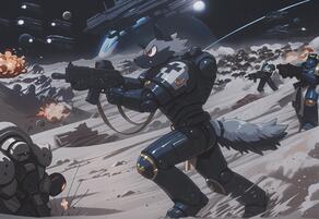 aircraft animal_ears armor artist:arturo_wolff_(artist) assault_rifle battle character:arturo_wolff earth_\(planet\) explosion firing furry furry_male gun helmet holding holding_gun holding_weapon laser machine_gun mask mecha military moon multiple_boys planet power_armor red_eyes rifle robot science_fiction solo_focus space spacecraft submachine_gun tail weapon wolf_ears wolf_tail // 2048x1408 // 127KB