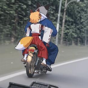1boy 1girl animal_ear_fluff animal_ears artist:arturo_wolff_(artist) bicycle blonde_hair blurry blurry_background car character:arturo_wolff character:senko_(sewayaki_kitsune_no_senko-san) depth_of_field detached_sleeves facing_away fox_ears fox_girl fox_tail from_behind full_body furry furry_female furry_male geta gloves grey_hair ground_vehicle hair_ornament hakama hakama_skirt hug japanese_clothes kimono long_sleeves medium_hair meme miko motor_vehicle motorcycle orange_hair outdoors pants parody photo_background red_hakama ribbon-trimmed_sleeves ribbon_trim road sandals short_hair sitting skirt socks tabi tail white_fur wide_sleeves // 2048x2048 // 130KB