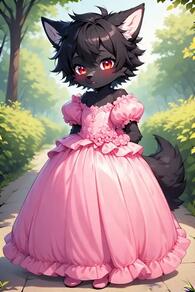 1boy animal_ears artist:furryfunparty black_hair blush body_fur bush character:ash crossdressing dress femboy full_body furry furry_male looking_at_viewer male_focus off-shoulder_dress outdoors pink_dress pink_footwear puffy_short_sleeves puffy_sleeves red_eyes short_hair short_sleeves shota solo standing tail tree // 512x768 // 46KB