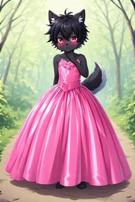 1boy animal_ear_fluff animal_ears animal_nose artist:furryfunparty black_hair blush body_fur character:ash crossdressing dress femboy full_body furry furry_female looking_at_viewer outdoors pink_dress red_eyes short_hair shota solo standing strapless strapless_dress tail tree // 512x768 // 40KB