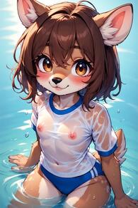 1girl animal_ear_fluff animal_ears artist:furryfunparty blue_buruma blush breasts brown_eyes brown_hair buruma dog_ears dog_girl female furry furry_female gym_uniform loli looking_at_viewer nipples petite see-through shirt short_hair small_breasts smile solo tail uniform water wet wet_clothes wet_shirt white_shirt young // 512x768 // 57KB