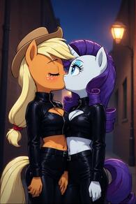 2girls artist:furryfunparty blonde_hair blue_eyes breasts character:applejack character:Rarity cleavage closed_eyes colored_skin cowboy_hat eyeshadow furry furry_with_furry hat horns horse_ears horse_girl horse_tail kiss leather long_hair makeup medium_breasts midriff multiple_girls my_little_pony navel pants purple_hair single_horn tail yuri zipper // 512x768 // 36KB