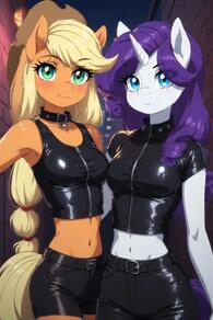 2girls animal_ears artist:furryfunparty blonde_hair blue_eyes breasts character:applejack character:Rarity colored_skin furry furry_female green_eyes horns horse_ears horse_girl horse_tail leather long_hair looking_at_viewer low-tied_long_hair medium_breasts midriff multiple_girls my_little_pony navel purple_hair shorts single_horn smile tail yuri // 512x768 // 43KB