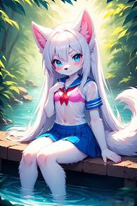 1girl animal_ear_fluff animal_ears artist:furryfunparty blue_eyes blue_skirt blush bra character:yuki female furry furry_female loli long_hair looking_at_viewer outdoors pink_bra pleated_skirt school_uniform see-through serafuku shirt sitting skirt solo tail underwear water wet wet_clothes wet_shirt white_hair white_shirt young // 512x768 // 55KB