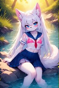 1girl animal_ear_fluff animal_ears artist:furryfunparty bikini blue_eyes blue_skirt blush bra character:yuki female furry furry_female loli long_hair looking_at_viewer navel outdoors pleated_skirt school_uniform see-through serafuku shirt sitting skirt solo swimsuit tail water wet wet_clothes wet_shirt white_hair young // 512x768 // 45KB