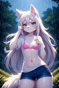 1girl animal_ear_fluff animal_ears artist:furryfunparty bikini blue_eyes blue_shorts blush bra breasts character:yuki denim female furry furry_female loli long_hair looking_at_viewer navel outdoors pink_bra rain see-through shirt short_shorts shorts small_breasts solo tail underwear wet wet_clothes wet_shirt white_hair white_shirt young // 512x768 // 50KB