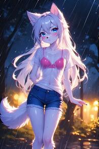 1girl animal_ears artist:furryfunparty bikini blue_eyes blue_shorts blush body_fur bra breasts character:yuki denim denim_shorts female furry furry_female loli long_hair looking_at_viewer navel night outdoors rain see-through shirt short_shorts shorts solo swimsuit tail wet wet_clothes wet_shirt white_hair white_shirt young // 512x768 // 51KB