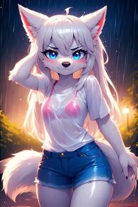 1girl ahoge animal_ears artist:furryfunparty bikini bikini_under_clothes blue_eyes blue_shorts blush bra breasts character:yuki denim denim_shorts female furry furry_female loli long_hair looking_at_viewer outdoors pink_bikini rain see-through shirt short_shorts short_sleeves shorts smile solo swimsuit tail wet wet_clothes wet_shirt white_hair white_shirt wolf_girl wolf_tail young // 512x768 // 44KB