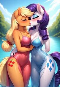 2girls animal_ears artist:furryfunparty blonde_hair blush breast_press breasts character:applejack character:Rarity closed_eyes colored_skin covered_navel dress eyeshadow female french_kiss furry furry_female furry_with_furry kiss lesbian long_hair medium_breasts multiple_girls my_little_pony outdoors purple_hair red_dress tail water wet yuri // 512x739 // 47KB